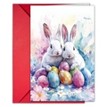 Vista detallada de tarjeta de Pascua en acuarela con conejos blancos y huevos de colores - Estilo Dos Conejos Blancos Con Huevos Estampados (T020402175)