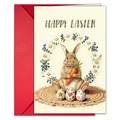 Detalle de tarjeta de Pascua en acuarela con conejo, flores, huevos y sobre rojo - Estilo Conejo Con Zanahoria Y Guirnalda (T020402166)