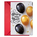 New Year black and gold balloon greeting card set with vibrant red envelope and elegant gift card - Black Gold Glossy Balloons Style (T020402150)
