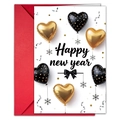 Macro detail of Happy New Year card with black and gold heart balloons and red envelope - Black Gold Polka Dot Heart Balloons Style (T020402151)