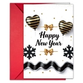 Close-up of Happy New Year card with black gold heart balloon and red envelope - Stereo Bow Black Gold Heart Balloons Style (T020402152)