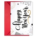 Détail de la carte Happy New Year avec lettrage noir et enveloppe rouge éclatante - Style Ligne d'Art Minimaliste à Pois (T020402155)