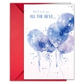 Detalle de tarjeta de felicitación con globos de acuarela, flores 3D y sobre rojo - Estilo Globo Azul Elegante (T020402187)