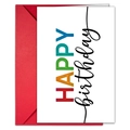 Kleurrijke verjaardagskaart met HAPPY tekst in verloop en een felrode envelop - Kleurrijke Verloop Kunstlettertype Stijl (T020402101)