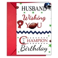 Detail of Husband Champion Birthday card with sports elements and a vibrant red envelope - Husband Birthday Multiple Sports (T020402260)