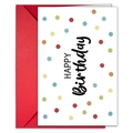 Kleurrijke verjaardagskaart met stippen, Happy Birthday tekst en rode envelop - Kleurrijke Stippen Kunstlettertype Stijl (T020402102)