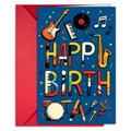 Detailed view of music-themed birthday card with instruments and a red envelope - Dark Blue Music Theme (T020402256)