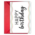 Biglietto di compleanno colorato con scritta HAPPY birthday e una busta rossa - Carattere Artistico Nero Con Stile Onde a Quattro Colori (T020402108)