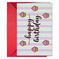 Biglietto di compleanno a righe con cupcakes e una vivace busta rossa inclusa - Strisce Orizzontali Con Stile Illustrazione Torta (T020402109)