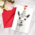 Cute alpaca birthday card set with a festive red envelope on white fabric background - Alpaca Style
