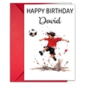 Detail view of a watercolor soccer birthday card with a red envelope and custom name - Watercolor Boy Kicking Ball (T020402249)