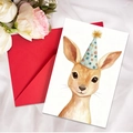 Hand-painted kangaroo birthday card with party hat and a bright red envelope set - Kangaroo Style