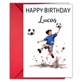 Detailed view of soccer birthday card with Lucas name and red envelope set - Watercolor Blue Player (T020402250)