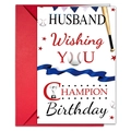 Detail of baseball theme birthday card with trophy illustrations and red envelope - Husband Birthday Baseball Champion (T020402259)