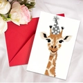 Greeting card with watercolor giraffe in party hat and a vibrant red envelope - Giraffe Style