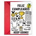 Close-up of a football theme birthday card with red envelope and hand-drawn sports icons - Trophy and Football (T020402252)