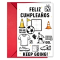 Detail of soccer themed birthday card with red envelope featuring MVP and goal illustrations - Soccer Culture Icons Collection (T020402253)