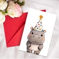 Cute hippo watercolor birthday card with a red envelope on elegant silk fabric - Hippo Style