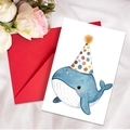 Cute watercolor blue whale birthday card with party hat and matching red envelope - Whale Style