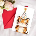 Cute watercolor tiger birthday greeting card with red envelope on white satin background - Tiger Style