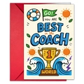 Close-up of Best Coach in the World greeting card with trophy illustrations and red envelope - Cartoon Lifebuoy Trophy Style (T020402265)