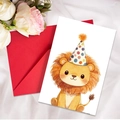 Cute watercolor lion birthday card with red envelope on white fabric background - Lion Style