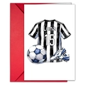 Carte de vœux football avec maillot et ballon sur une enveloppe rouge - Style Maillot à Rayures Noir et Blanc (T020402242)