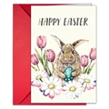 Tarjeta de Pascua en acuarela con diseño de conejo y un sobre rojo vibrante - Estilo Conejo Marrón Sosteniendo Huevo De Lunares Azules (T020402167)
