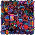 Neon Graffiti Aufkleber Set mit bunten Tieren, Essen und Lifestyle-Symbolen - Neon Frischer Stil (T01041159)