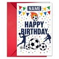 Personaliseerbare voetbal verjaardagskaart met atleet silhouet en rode envelop - Kleurrijke Voetbal en Wimpels (T020402239)
