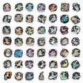 Collection of 50 waterproof space dinosaur stickers in a neat 7x7 grid layout - Space Dinosaur Series Style (T01043260)