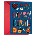 Deep blue football themed birthday card with red envelope featuring stylized festive icons - Dark Blue Heart Holiday Elements (T020402255)