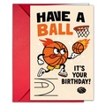 Creative basketball birthday card with red envelope and festive flaming basketball design - Basketball Theme (T020402261)