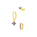 Elegante 3-delige vergulde oorbellen set met paarse zirkonia bloemen en marquise steentjes - Paarse Zirkonia Set / Goud