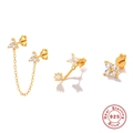 Golden 925 sterling silver earring set with tassel chains and clover zircon studs - Snake And Flower Design Set / Gold