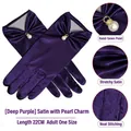 Elegant deep purple satin bridal gloves with 22cm length and pearl drop detail - One Size / Dark Purple