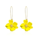 Vibrant yellow multi-layer flower petal earrings with gold stamen on white background - Long Hook Style (WEH4794) / Yellow KC Gold (WEH4794)