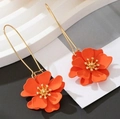 Elegant multi-layered orange petal earrings with gold stamen and long ear hooks - Long Hook Style (EH4794) / Orange KC Gold (EH4794)