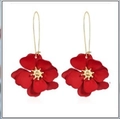 Elegant multi-layered red flower petal earrings with golden sun-shaped stamens - Long Hook Style (WEH4794) / Red KC Gold (WEH4794)