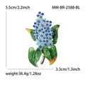 Detail showing dimensions of lilac floral brooch with green leaves and blue petals - Blue 2588-bl