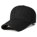 All-black baseball cap with 3D embroidered letter R and curved brim for casual wear - R Letter Black Black Embroidery / Adjustable
