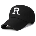 Black baseball cap with white embroidered R letter, classic six-panel cotton design - R Letter Black White Embroidery / Adjustable