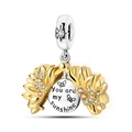 Detail of opening sunflower charm with You are my sunshine engraving and crystals - Golden Sunflower And Butterfly Style