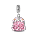 Pink enamel handbag charm in sterling silver with floral patterns and sparkling zircons - Pink Enamel Hollow Handbag Style