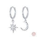 Asymmetric S925 sterling silver hoop earrings with zircon star and moon pendants - Asymmetrical Star Moon-Platinum Silver
