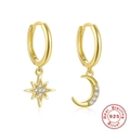Gold S925 sterling silver asymmetric hoop earrings with star and moon zircon charms - Asymmetric Star Moon - Gold