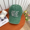 Detail of washed green cotton baseball cap with pink floral inspirational embroidery - 55-59cm (Adjustable) / Grass Green