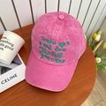Detail of hot pink washed cotton baseball cap with green floral embroidery lettering - 55-59cm (Adjustable) / Rose Red
