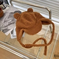 Gorro de aviador de forro polar caramel con orejas de oso y cintas para el invierno - 55-58cm / Camel