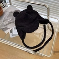 Gorro negro de lana de cordero con orejas de oso y orejeras cálidas con lazos - 55-58cm / Negro